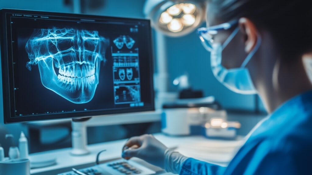 A dental professional closely examines digital x-ray images of a patient's jaw and teeth on a computer screen in a high-tech dental clinic. The environment is equipped with advanced technology.